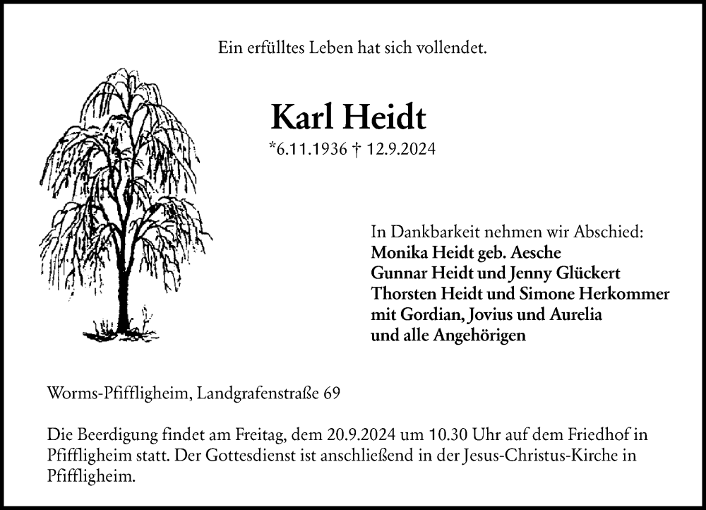  Traueranzeige für Karl Heidt vom 14.09.2024 aus Wormser Zeitung