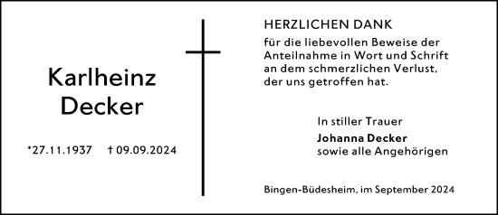 Traueranzeige von Karl-Heinz Decker von Allgemeine Zeitung Rheinhessen-Nahe
