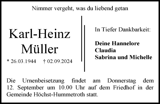 Traueranzeige von Karl-Heinz Müller von Darmstädter Echo