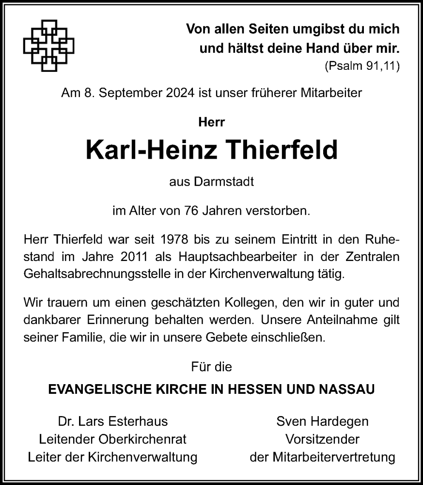  Traueranzeige für Karl-Heinz Thierfeld vom 21.09.2024 aus Darmstädter Echo