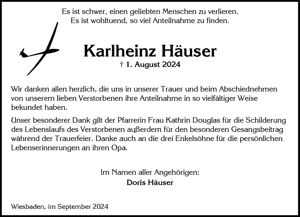  Traueranzeige für Karlheinz Häuser vom 14.09.2024 aus Wiesbadener Kurier