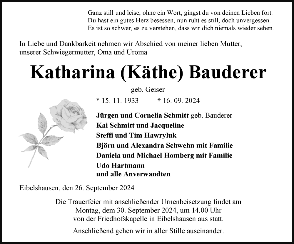  Traueranzeige für Katarina Bauderer vom 26.09.2024 aus Dill Block