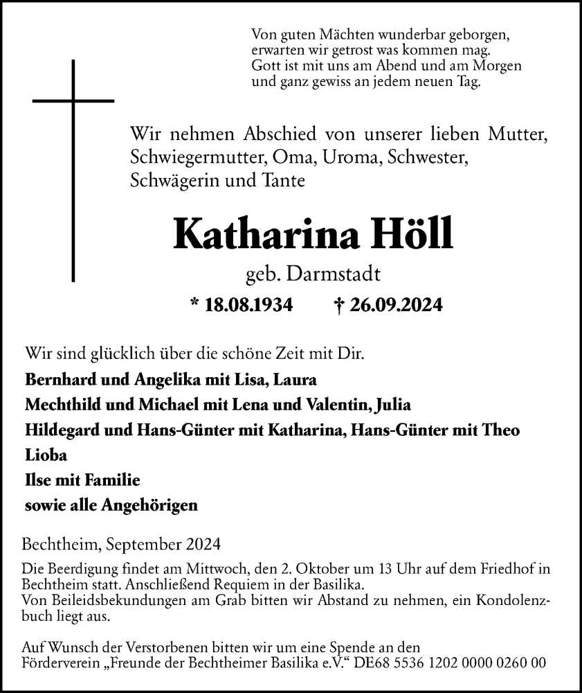  Traueranzeige für Katharina Höll vom 30.09.2024 aus Wormser Zeitung