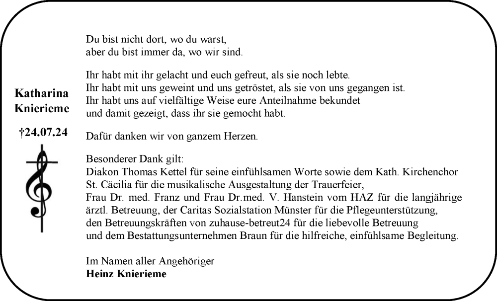 Traueranzeige für Katharina Knierieme vom 14.09.2024 aus Dieburger Anzeiger/Groß-Zimmerner Lokal-Anzeiger