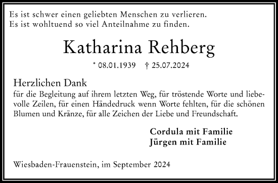 Traueranzeige von Katharina Rehberg von Wiesbadener Kurier