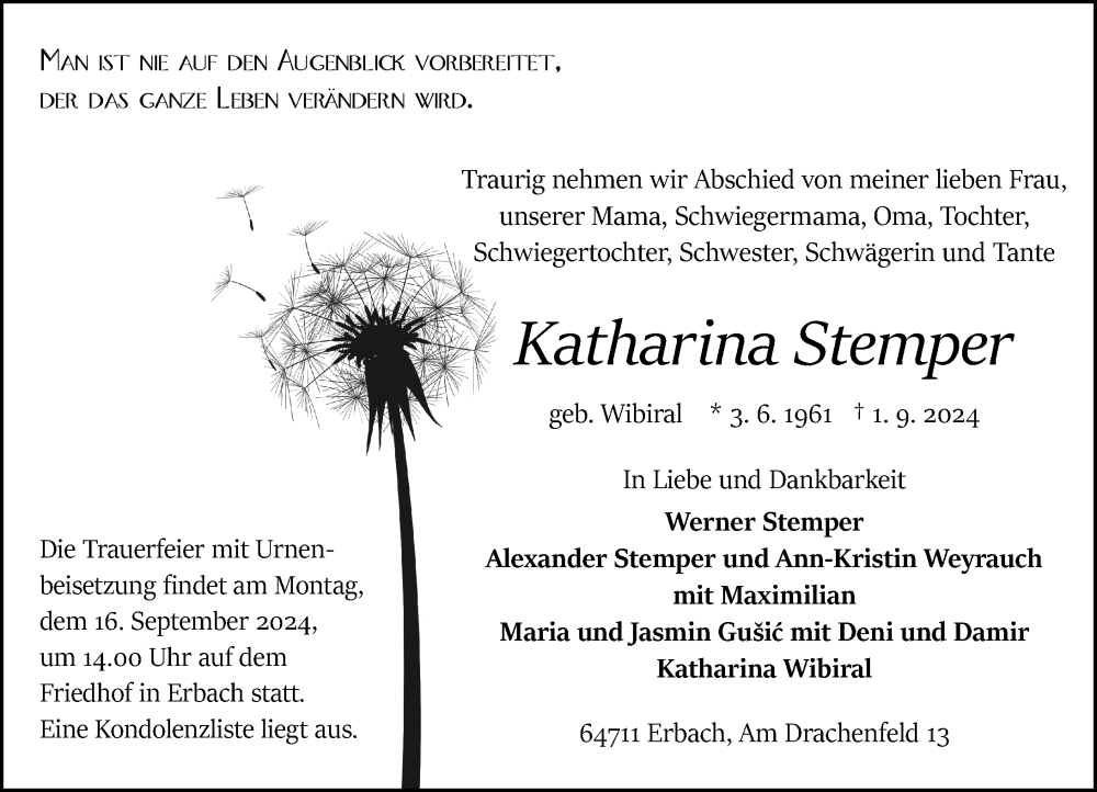 Traueranzeige für Katharina Stemper vom 07.09.2024 aus Odenwälder Echo