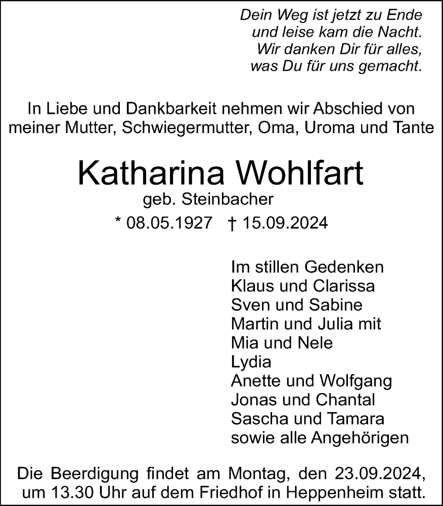  Traueranzeige für Katharina Wohlfart vom 20.09.2024 aus Starkenburger Echo