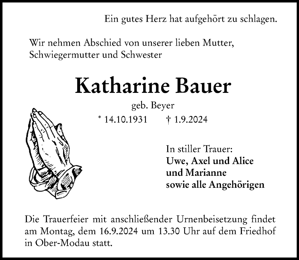  Traueranzeige für Katharine Bauer vom 14.09.2024 aus Darmstädter Echo