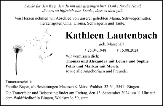Traueranzeige von Kathleen Lautenbach von Allgemeine Zeitung Rheinhessen-Nahe