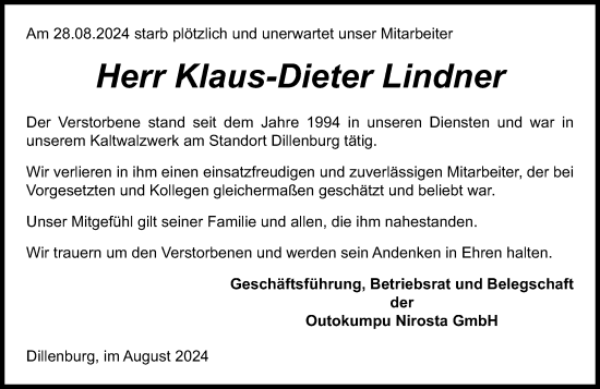 Traueranzeige von Klaus-Dieter Lindner von Dill Block
