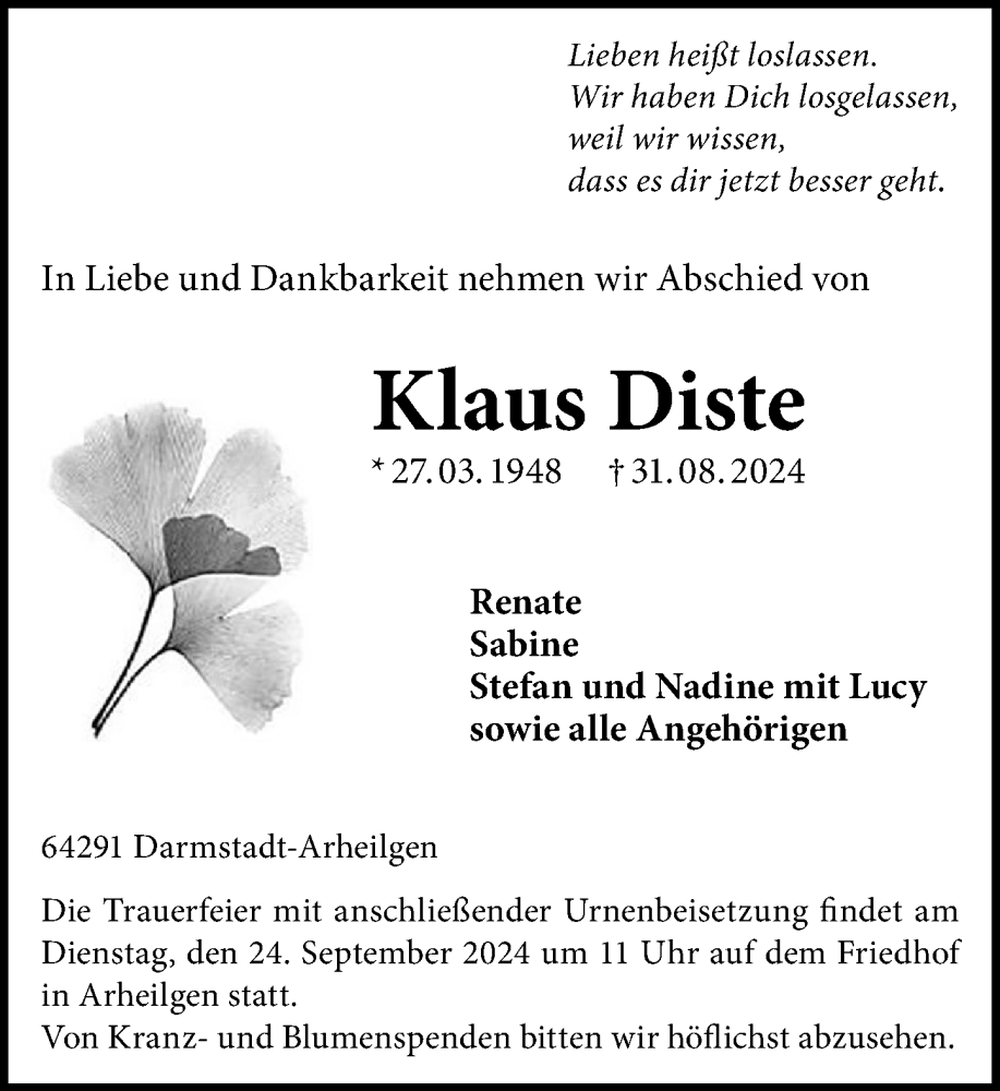  Traueranzeige für Klaus Diste vom 14.09.2024 aus Darmstädter Echo