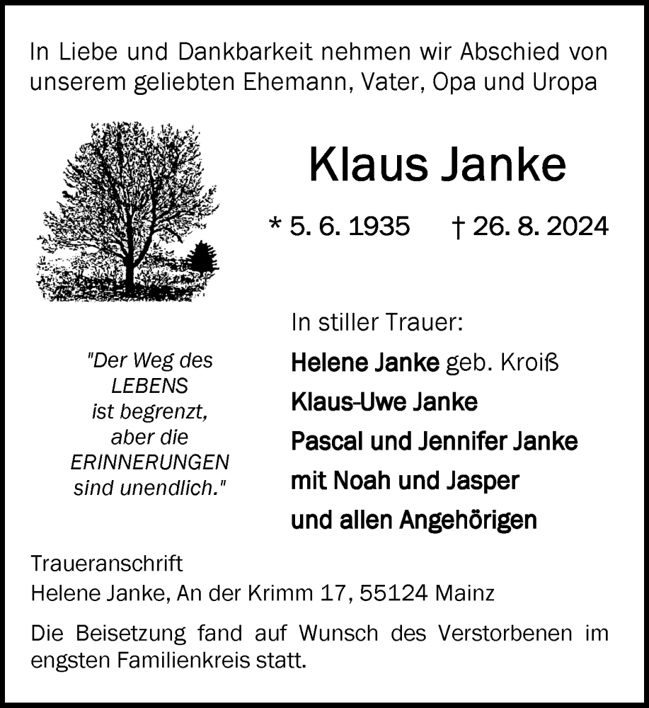  Traueranzeige für Klaus Janke vom 14.09.2024 aus Allgemeine Zeitung Mainz