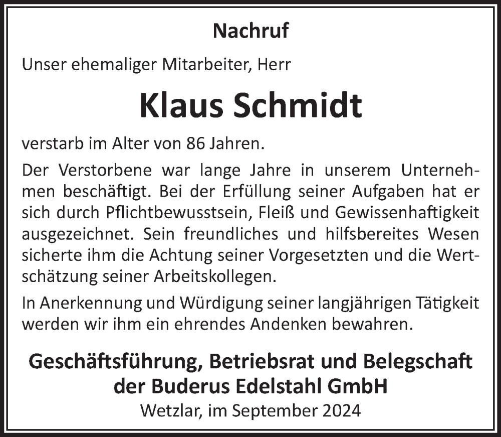  Traueranzeige für Klaus Schmidt vom 20.09.2024 aus Wetzlarer Neue Zeitung