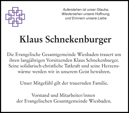 Traueranzeige von Klaus Schnekenburger von Wiesbadener Kurier