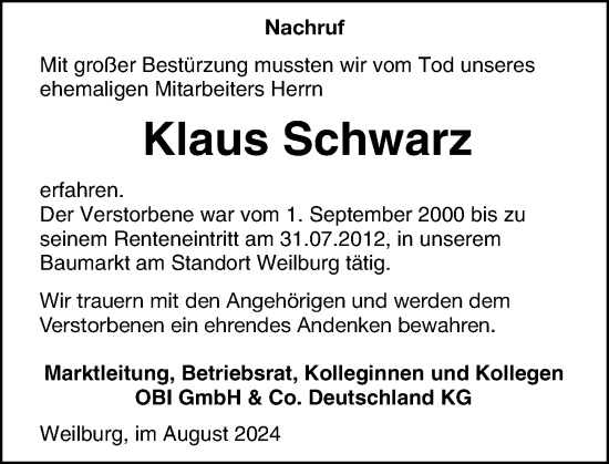 Traueranzeige von Klaus Schwarz von Weilburger Tageblatt