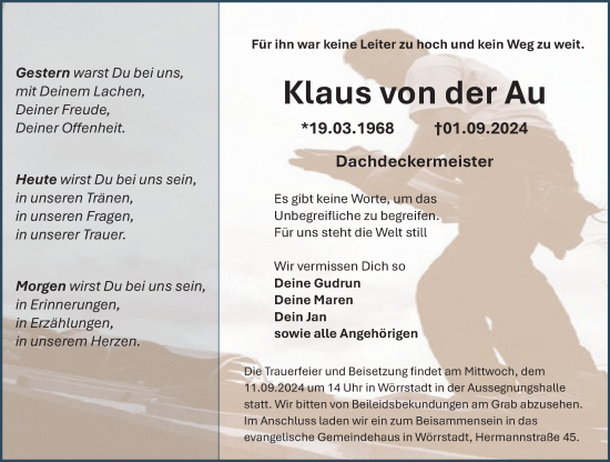 Traueranzeige von Klaus von der Au von Allgemeine Zeitung Alzey
