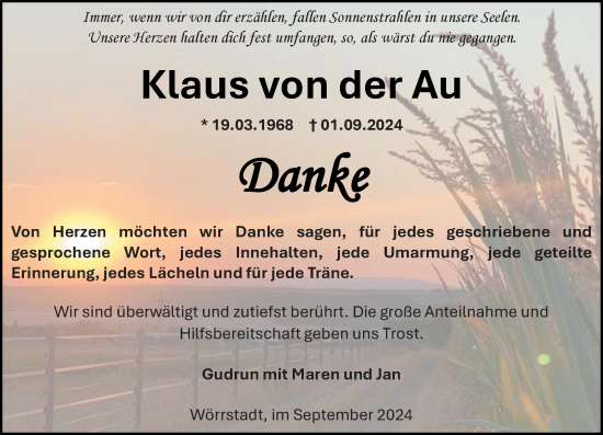 Traueranzeige von Klaus von der Au von Allgemeine Zeitung Alzey