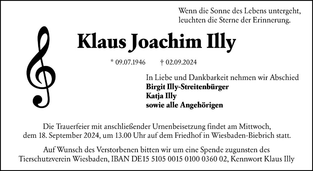  Traueranzeige für Klaus Joachim Illy vom 07.09.2024 aus Wiesbadener Kurier