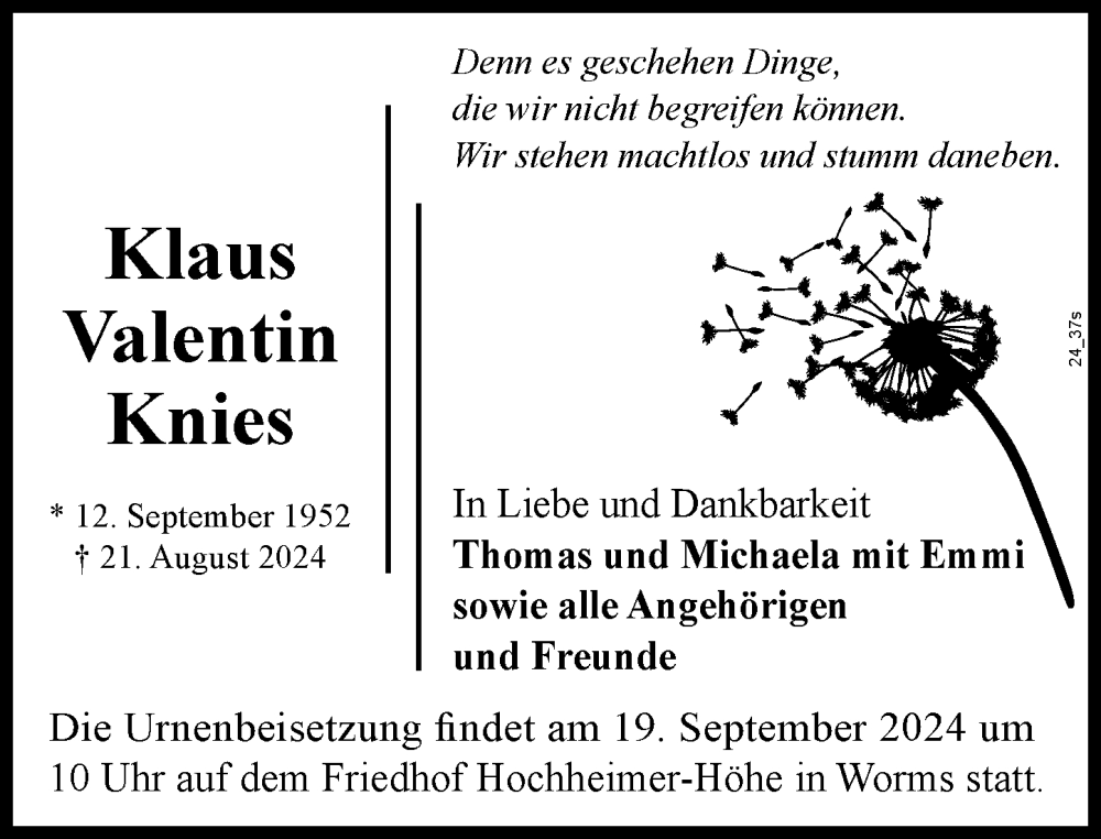  Traueranzeige für Klaus Valentin Knies vom 14.09.2024 aus Wormser Zeitung