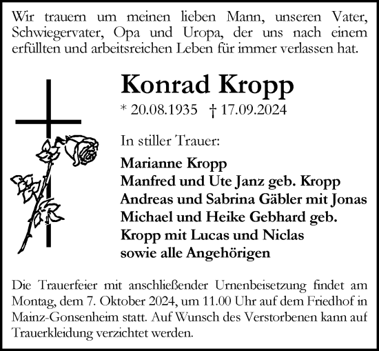 Traueranzeige von Konrad Kropp von Allgemeine Zeitung Mainz