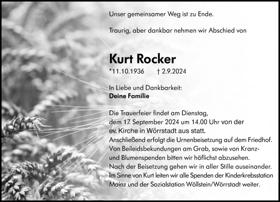 Traueranzeige von Kurt Rocker von Allgemeine Zeitung Alzey