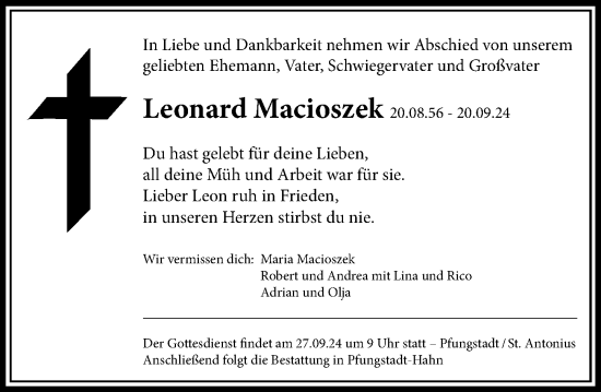 Traueranzeige von Leonard Macioszek von Darmstädter Echo