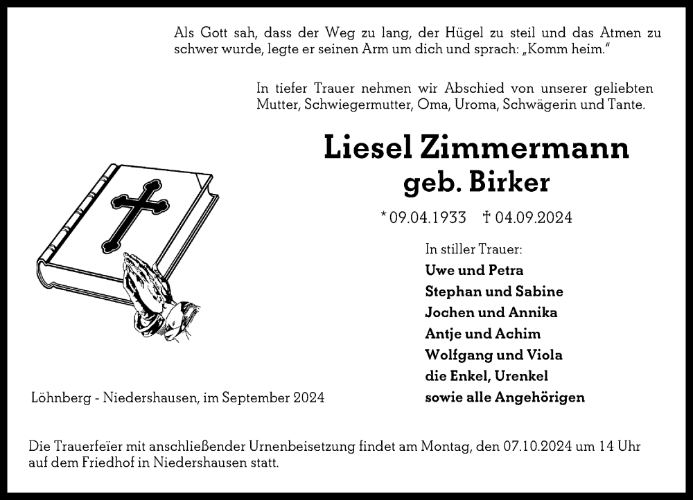  Traueranzeige für Liesel Zimmermann vom 28.09.2024 aus Weilburger Tageblatt