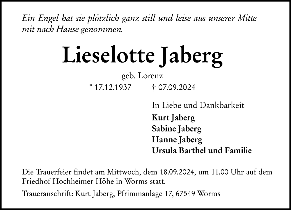  Traueranzeige für Lieselotte Jaberg vom 16.09.2024 aus Wormser Zeitung