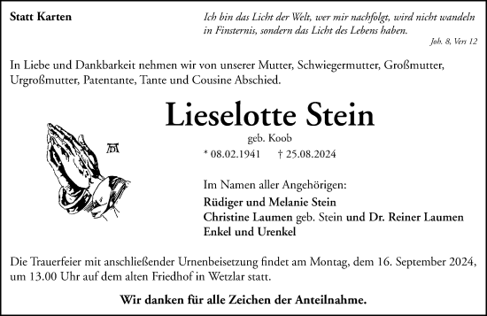 Traueranzeige von Lieselotte Stein von Wetzlarer Neue Zeitung