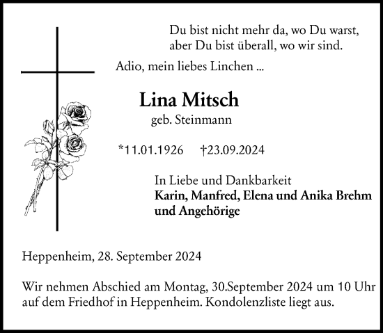 Traueranzeige von Lina Mitsch von Starkenburger Echo