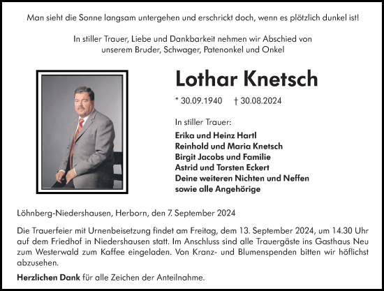 Traueranzeige von Lothar Knetsch von Weilburger Tageblatt