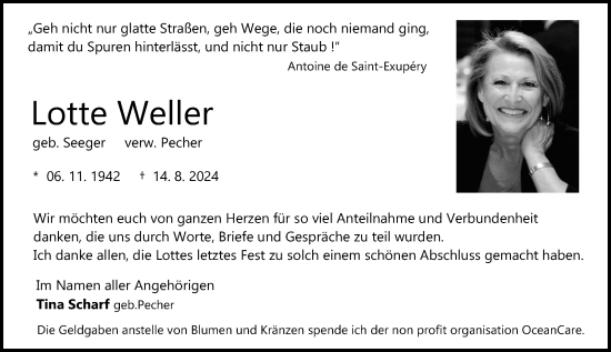 Traueranzeige von Lotte Weller von Darmstädter Echo
