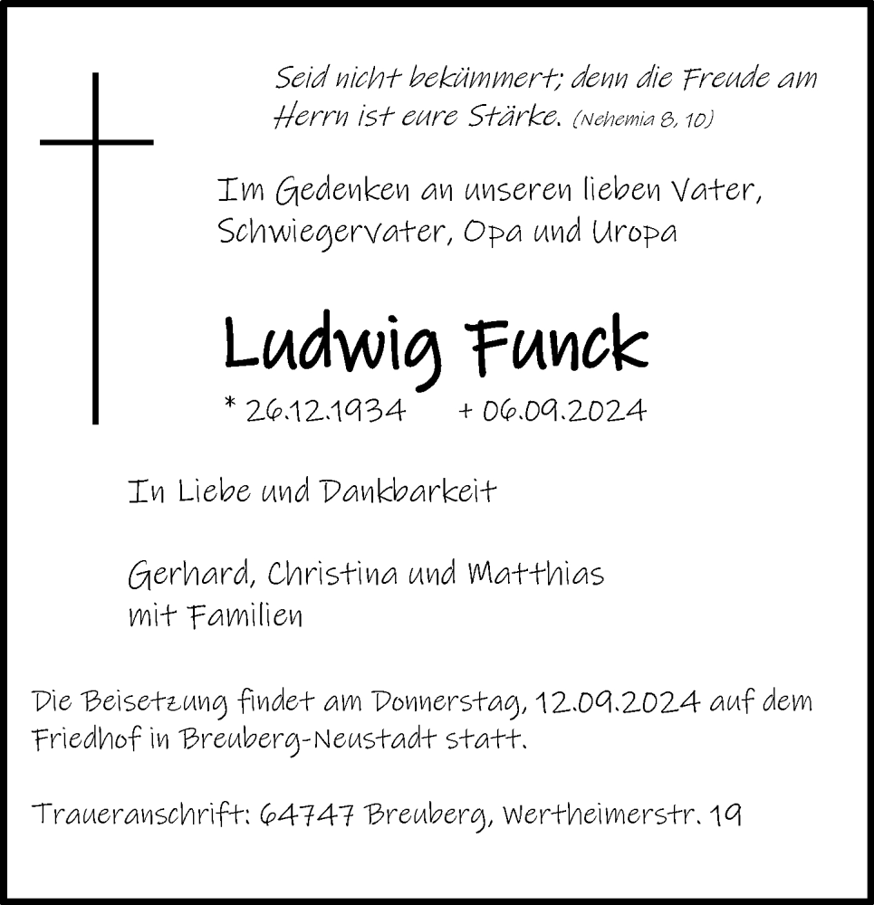  Traueranzeige für Ludwig Funck vom 10.09.2024 aus Odenwälder Echo