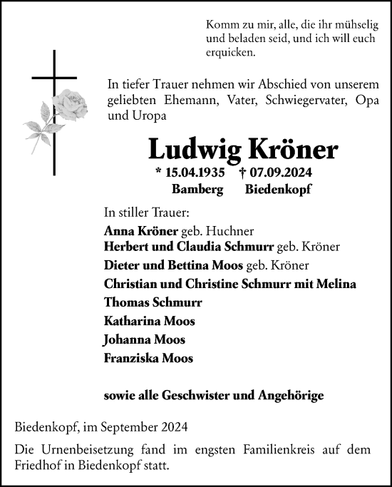 Traueranzeige von Ludwig Kröner von Hinterländer Anzeiger