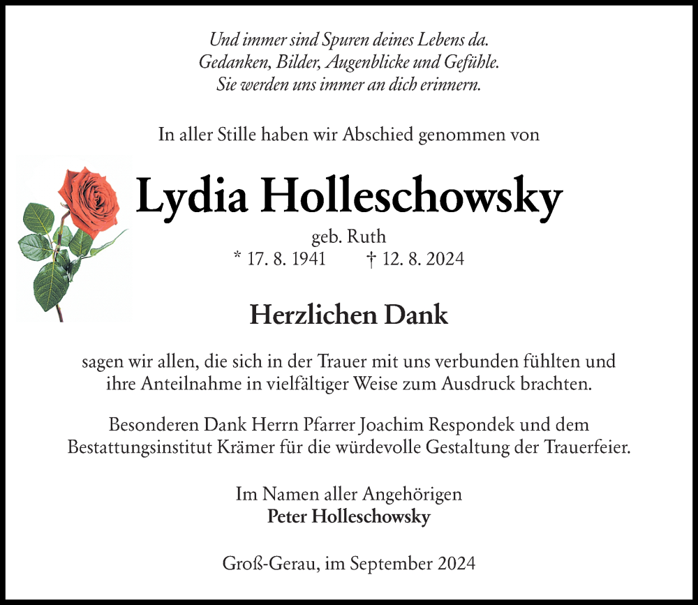  Traueranzeige für Lydia Holleschowsky vom 07.09.2024 aus Groß-Gerauer Echo