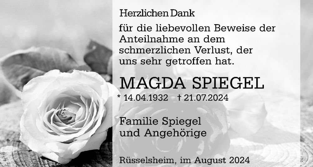  Traueranzeige für Magda Spiegel vom 05.09.2024 aus Rüsselsheimer Echo