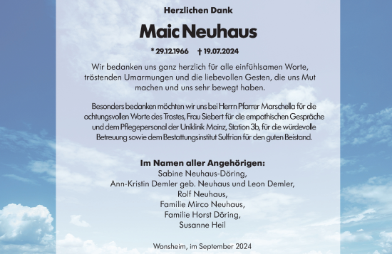 Traueranzeige von Maic Neuhaus von Allgemeine Zeitung Alzey