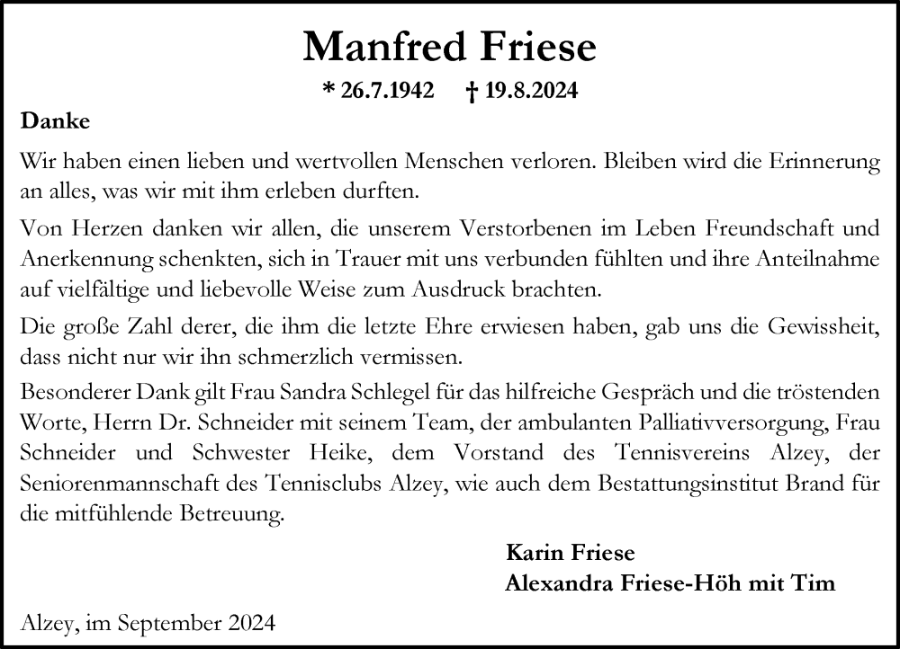  Traueranzeige für Manfred Friese vom 28.09.2024 aus Allgemeine Zeitung Alzey