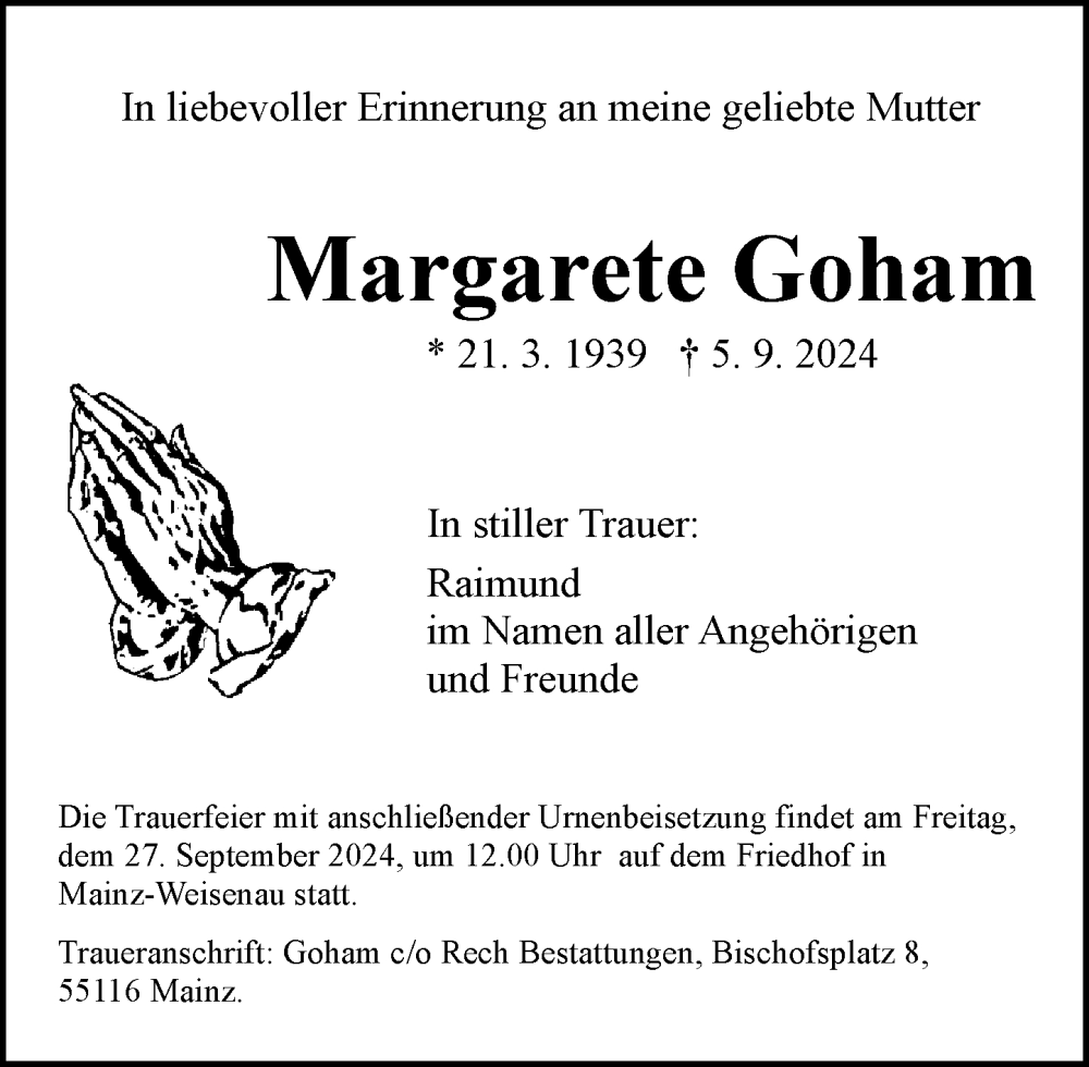  Traueranzeige für Margarete Goham vom 14.09.2024 aus Allgemeine Zeitung Mainz