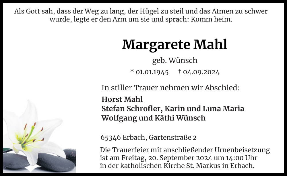  Traueranzeige für Margarete Mahl vom 14.09.2024 aus Rheingau Kurier