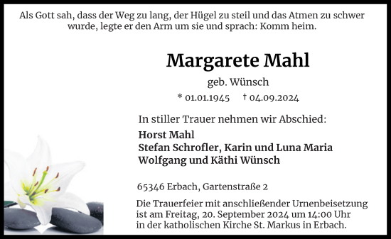 Traueranzeige von Margarete Mahl von Rheingau Kurier