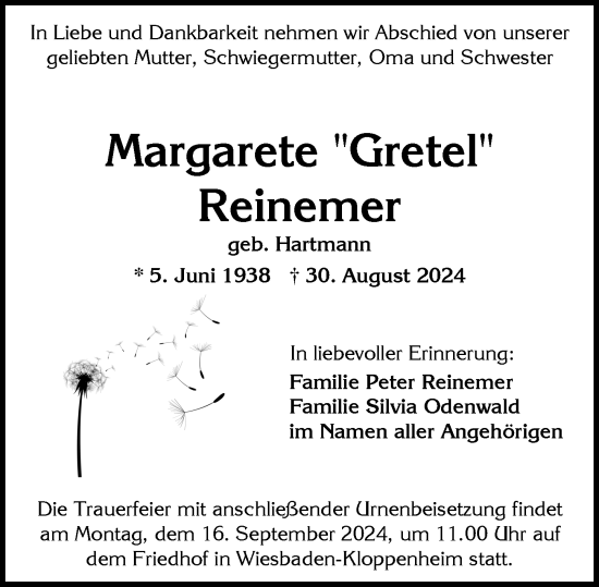 Traueranzeige von Margarete Reinemer von Wiesbadener Kurier