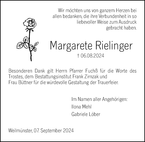 Traueranzeige von Margarete Rielinger von Weilburger Tageblatt