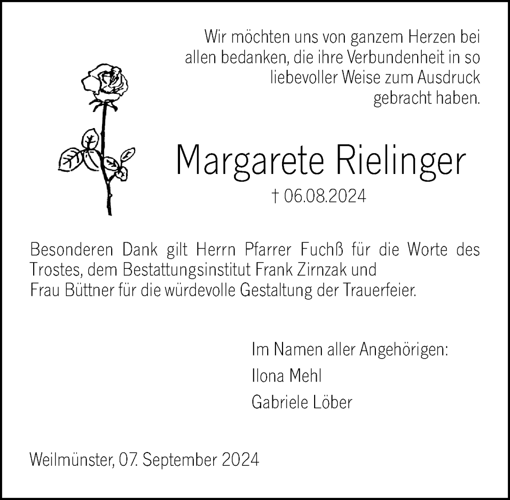  Traueranzeige für Margarete Rielinger vom 07.09.2024 aus Weilburger Tageblatt