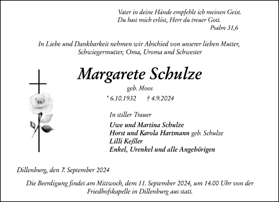 Traueranzeige von Margarete Schulze von Dill Block