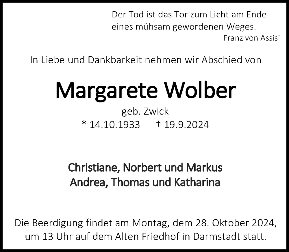  Traueranzeige für Margarete Wolber vom 28.09.2024 aus Darmstädter Echo