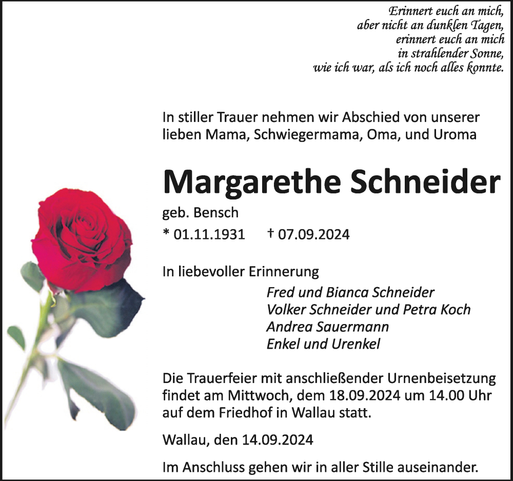  Traueranzeige für Margarethe Schneider vom 14.09.2024 aus Hinterländer Anzeiger