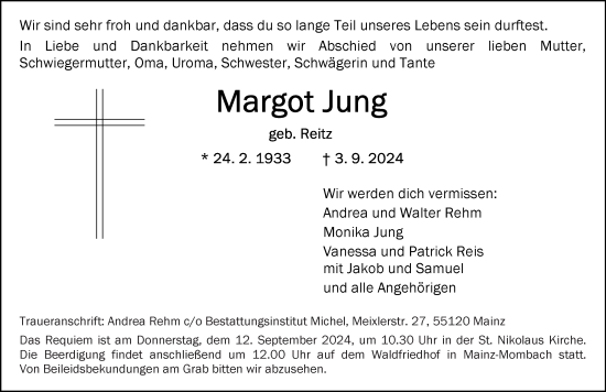 Traueranzeige von Margot Jung von Allgemeine Zeitung Mainz