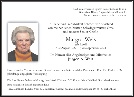 Traueranzeige von Margot Weis von Allgemeine Zeitung Rheinhessen-Nahe