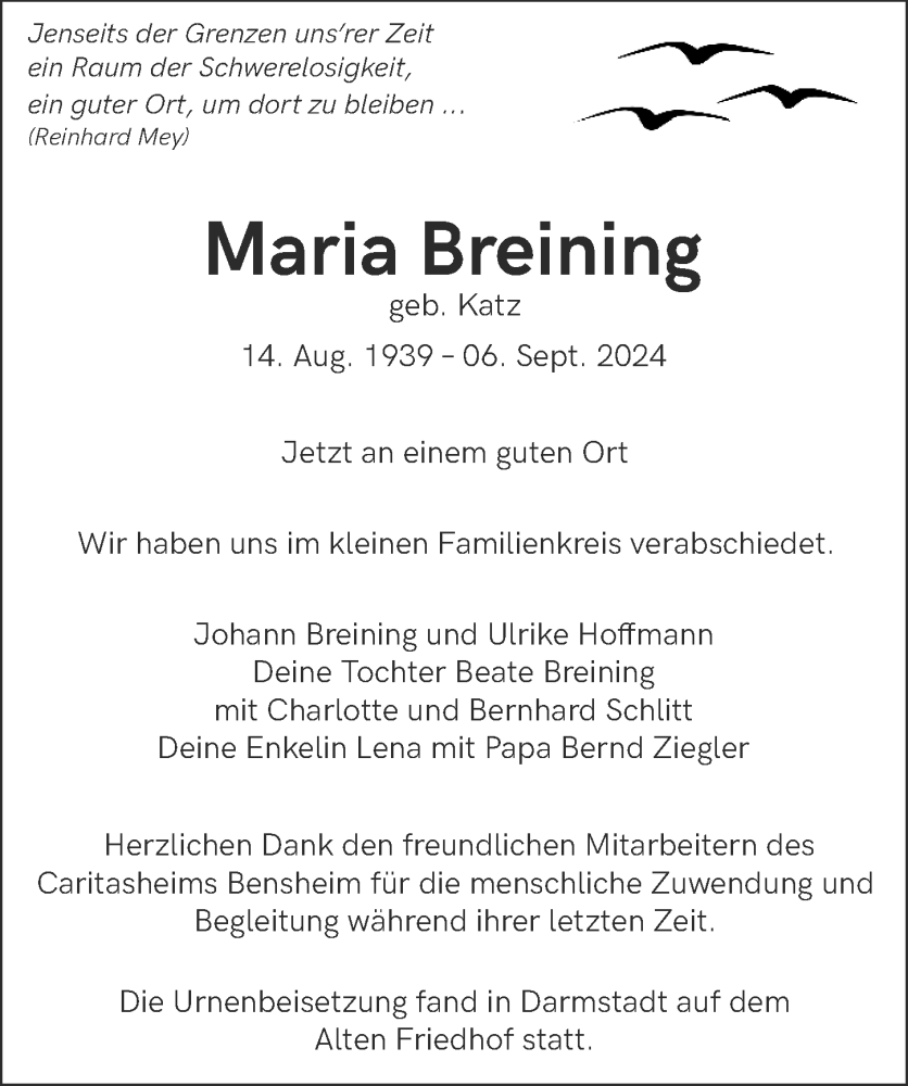  Traueranzeige für Maria Breining vom 21.09.2024 aus Darmstädter Echo